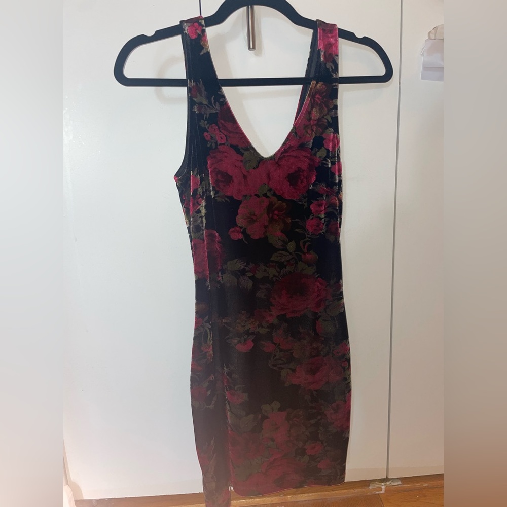 Black and red floral velour mini dress
